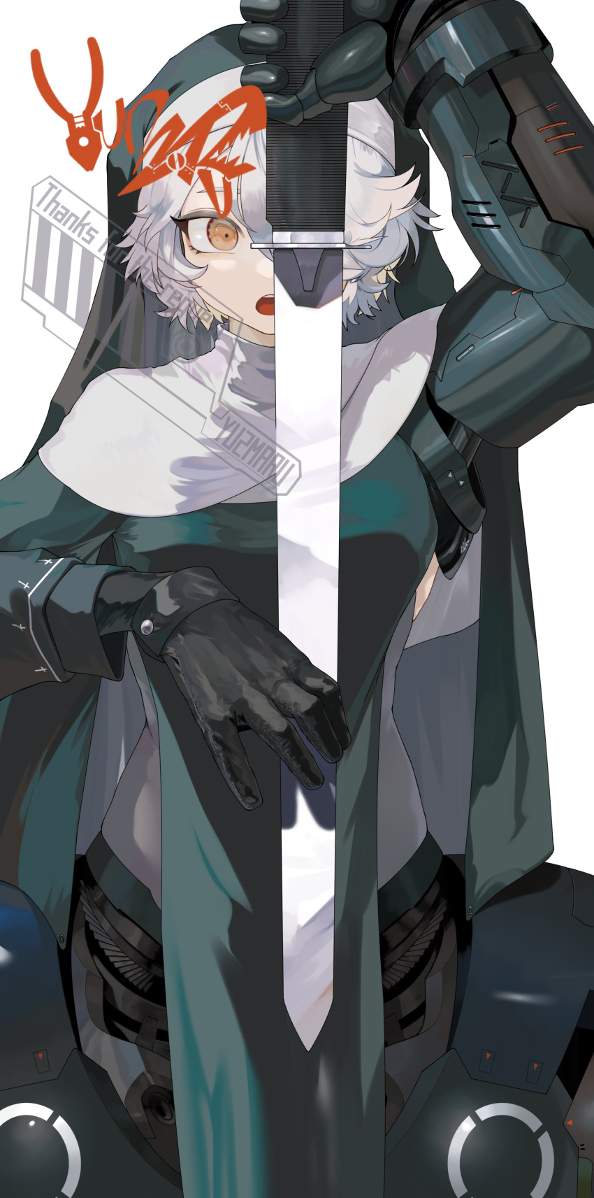 1girl, absurdres, cyborg, gloves, guimpe, hair_over_one_eye, highres, holding
