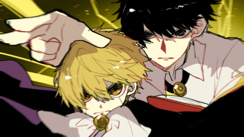 2boys, black_hair, blonde_hair, cape_clasp, demon_boy, gash_bell, highres, konjiki_no_gash!!, multiple_boys, oiraobonnu, shirt, short_hair, takamine_kiyomaro, white_shirt, yellow_background