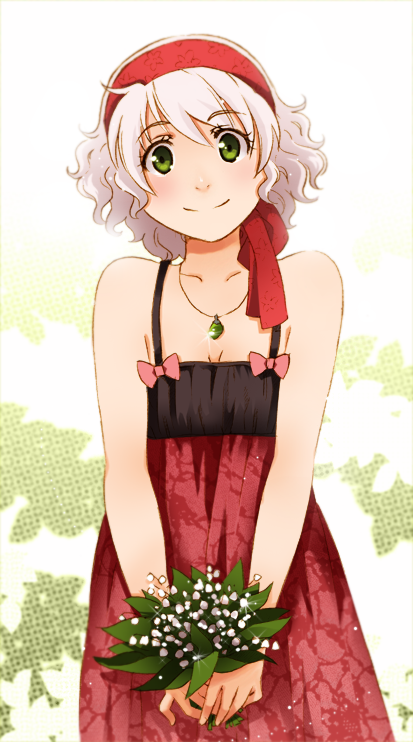 baby's-breath, bare_shoulders, dress, emily_(meago), face, flower, green_eyes, meago, original, smile, solo, white_hair