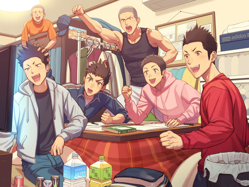 6+boys, air_conditioner, baseball_cap, bed, black_hair, black_shirt, black_tank_top, blue_jacket