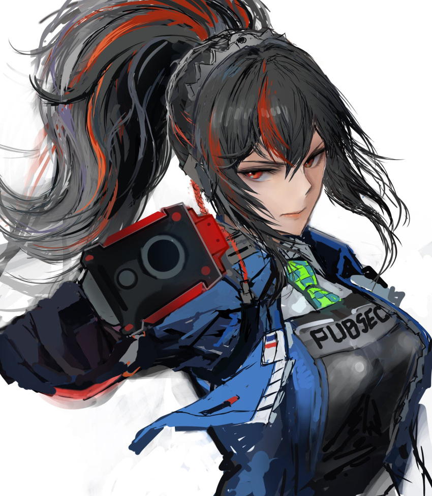 1girl, aiming, aiming_at_viewer, black_gloves, blue_jacket, breasts, closed_mouth, gloves