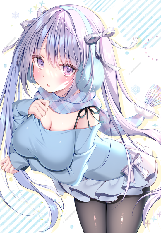 1girl, breasts, large_breasts, off_shoulder, original, pantyhose, purple_hair, standing
