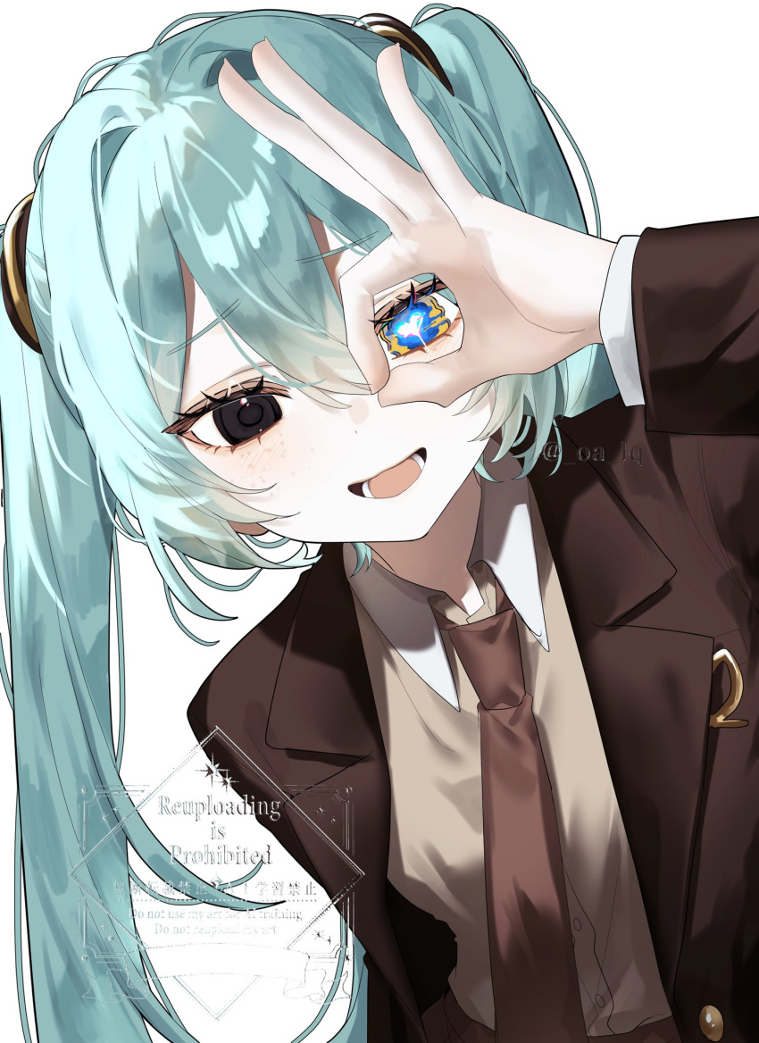 1girl, :d, aqua_hair, black_eyes, blazer, blue_eyes, bright_pupils, brown_jacket