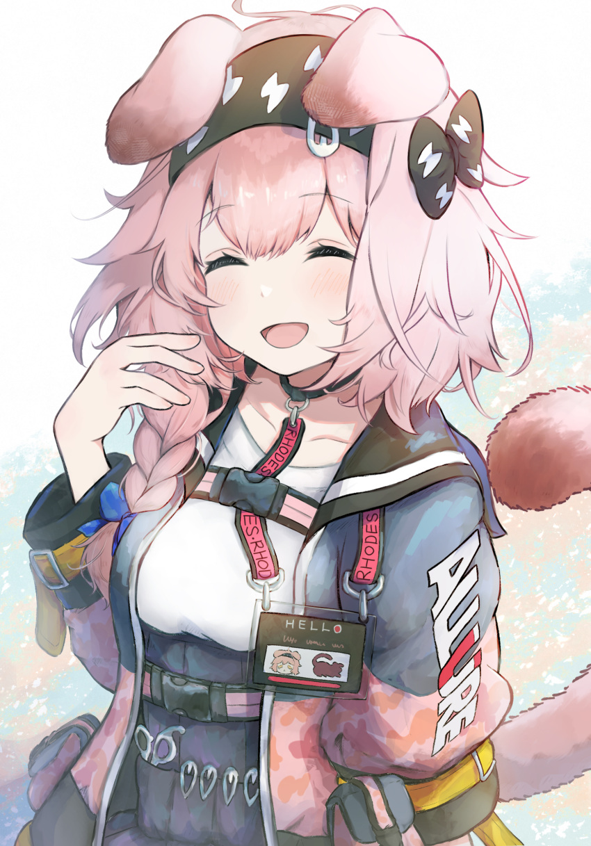 1girl, :d, animal_ears, arknights, black_bow, black_choker, black_hairband, black_skirt, blue_bow, blush, bow, braid, cat_ears, cat_girl, cat_tail, choker, closed_eyes, fuu_hoshimi, goldenglow_(arknights), grey_jacket, hair_bow, hair_ornament, hairband, hairclip, hand_up, high-waist_skirt, highres, id_card, jacket, lanyard, lightning_bolt_print, long_sleeves, multicolored_clothes, multicolored_jacket, open_clothes, open_jacket, open_mouth, pink_hair, pink_jacket, pocket, puffy_long_sleeves, puffy_sleeves, scissors, shirt, side_braid, skirt, smile, solo, t-shirt, tail, unworn_hair_ornament, unworn_hairclip, upper_body, white_background, white_shirt