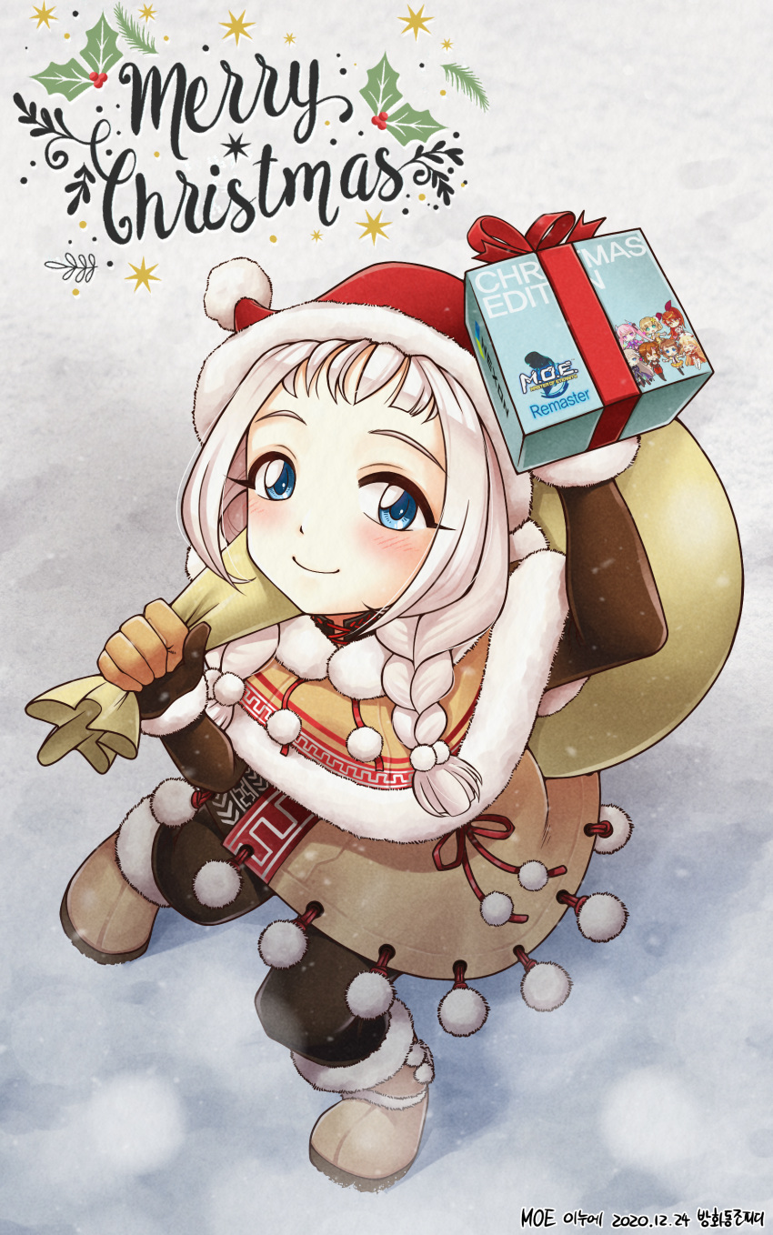 1girl, absurdres, artist_name, banghwadongjopidi, black_pants, blue_eyes, blush, boots