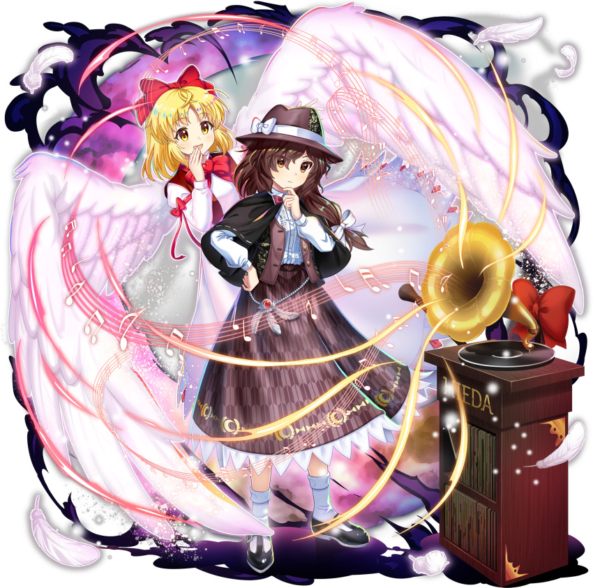2girls, alternate_costume, angel_wings, black_capelet, blonde_hair, bow, bowtie, brown_eyes, brown_hair, brown_hat, brown_skirt, brown_vest, capelet, closed_mouth, dress, falling_feathers, feathered_wings, feathers, fedora, game_cg, gengetsu_(touhou), hair_bow, hand_on_own_hip, hat, hat_bow, highres, long_hair, long_sleeves, multiple_girls, musical_note, official_art, open_mouth, phonograph, red_bow, red_bowtie, rotte_(1109), shirt, shoes, skirt, smile, socks, staff_(music), third-party_source, touhou, touhou_(pc-98), touhou_lostword, transparent_background, usami_renko, vest, white_bow, white_dress, white_shirt, white_socks, white_wings, wings, yellow_eyes