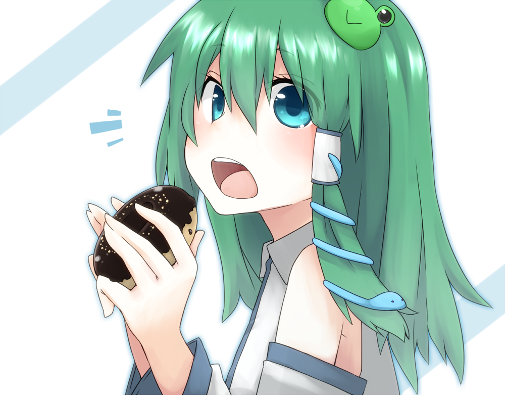 1girl, :>, blue_eyes, cielo_oceano, detached_sleeves, doughnut, eating, food