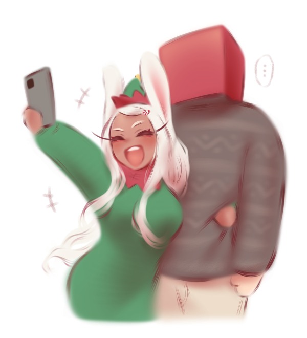..., 1boy, 1girl, animal_ears, arm_around_waist, boku_no_hero_academia, box_on_head, breasts, brown_pants, candy_cane_hair_ornament, cellphone, closed_eyes, collar, cropped_legs, dark-skinned_female, dark_skin, english_commentary, food-themed_hair_ornament, green_sweater, grey_sweater, hair_ornament, holding, holding_phone, large_breasts, long_eyelashes, long_hair, mirko, open_mouth, pants, phone, rabbit_ears, rabbit_girl, red_collar, selfie, shpo, simple_background, smartphone, smile, spoken_ellipsis, sweater, two-tone_headwear, very_long_hair, white_background, white_hair