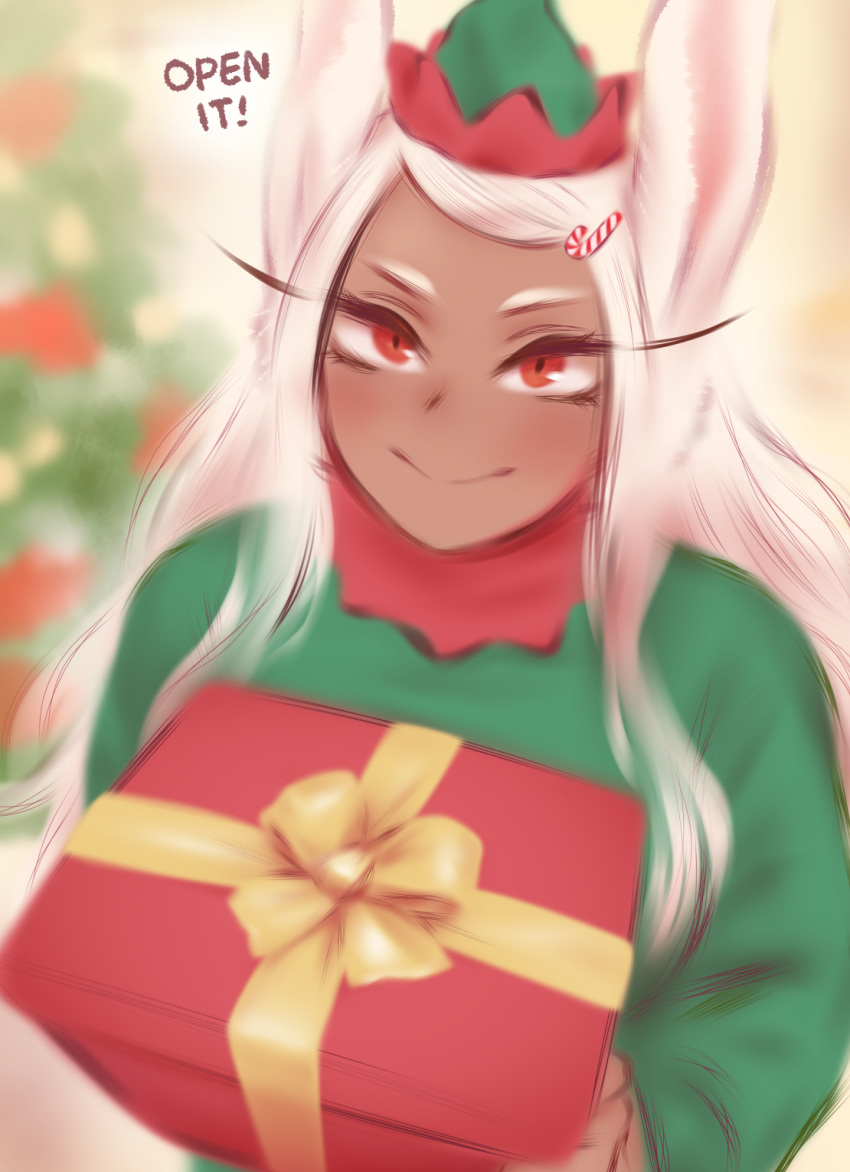 1girl, animal_ears, blurry, blurry_background, boku_no_hero_academia, breasts, candy_cane_hair_ornament, christmas