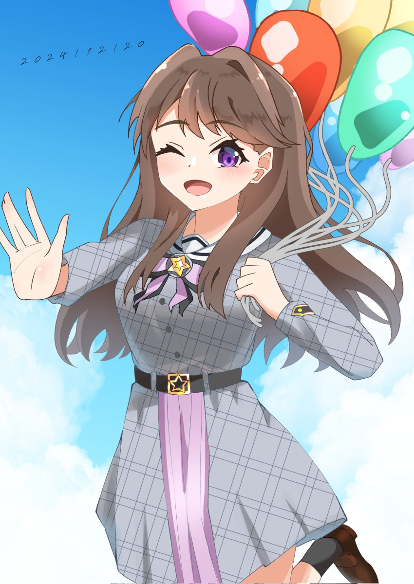 1girl, ;d, bad_arm, balloon, black_socks, blue_sky, blush, breasts, brown_footwear, brown_hair, clouds, commentary_request, corocoro567, corrupted_twitter_file, dated, day, dress, fujishima_megumi, grey_dress, highres, holding, holding_balloon, joushou_kiryuu_(love_live!), large_breasts, leg_up, link!_like!_love_live!, loafers, long_hair, long_sleeves, looking_at_viewer, love_live!, official_alternate_costume, one_eye_closed, open_mouth, sailor_collar, sailor_dress, shoes, short_dress, single_hair_intake, sky, smile, socks, solo, two_side_up, violet_eyes, virtual_youtuber, white_sailor_collar