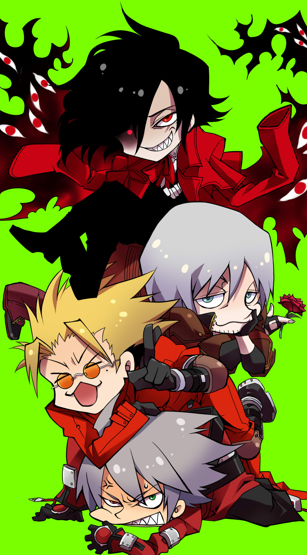 4boys, alucard_(hellsing), anger_vein, black_gloves, black_hair, blazblue, blonde_hair, blue_eyes