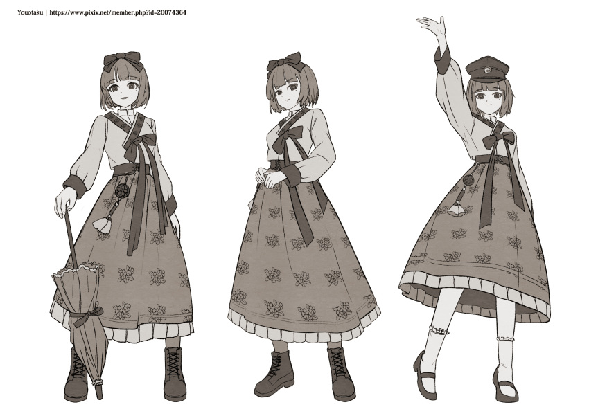 1girl, absurdres, boots, chima_(clothes), full_body, greyscale, hanbok, hat, highres, imperial_korean_flag, jeogori_(clothes), korea, korean_clothes, korean_empire, lolita_fashion, military_hat, monochrome, multiple_views, original, parasol, umbrella, youotaku