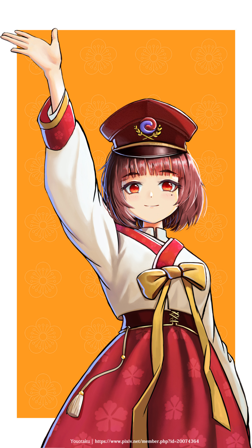 1girl, absurdres, arm_up, bob_cut, bow, brown_hair, chima_(clothes), flower, hanbok, hat, highres, imperial_korean_flag, jeogori_(clothes), joseon_dynasty, korea, korean_clothes, korean_empire, long_sleeves, mandarin_collar, military_hat, mole, mole_under_eye, original, plum_blossoms, red_eyes, red_skirt, skirt, solo, yellow_bow, youotaku