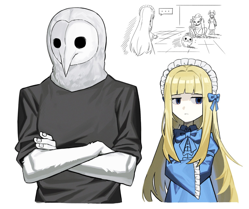 1boy, 3girls, animal_head, asdf1211950, black_shirt, black_souls, black_souls_2, blonde_hair