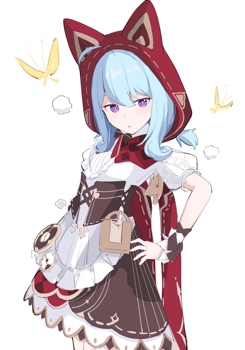 1girl, :o, absurdres, ahoge, animal_hood, blue_hair, brown_dress, bug, butterfly, cat_hood, chinese_commentary, commentary_request, cowboy_shot, dress, griseo, griseo_(maroon_riding_hood), griseo_(starry_impression), hand_on_own_hip, highres, honkai_(series), honkai_impact_3rd, hood, light_blue_hair, liliya_qiaokuoai, long_hair, official_alternate_costume, red_hood, simple_background, solo, violet_eyes, white_background