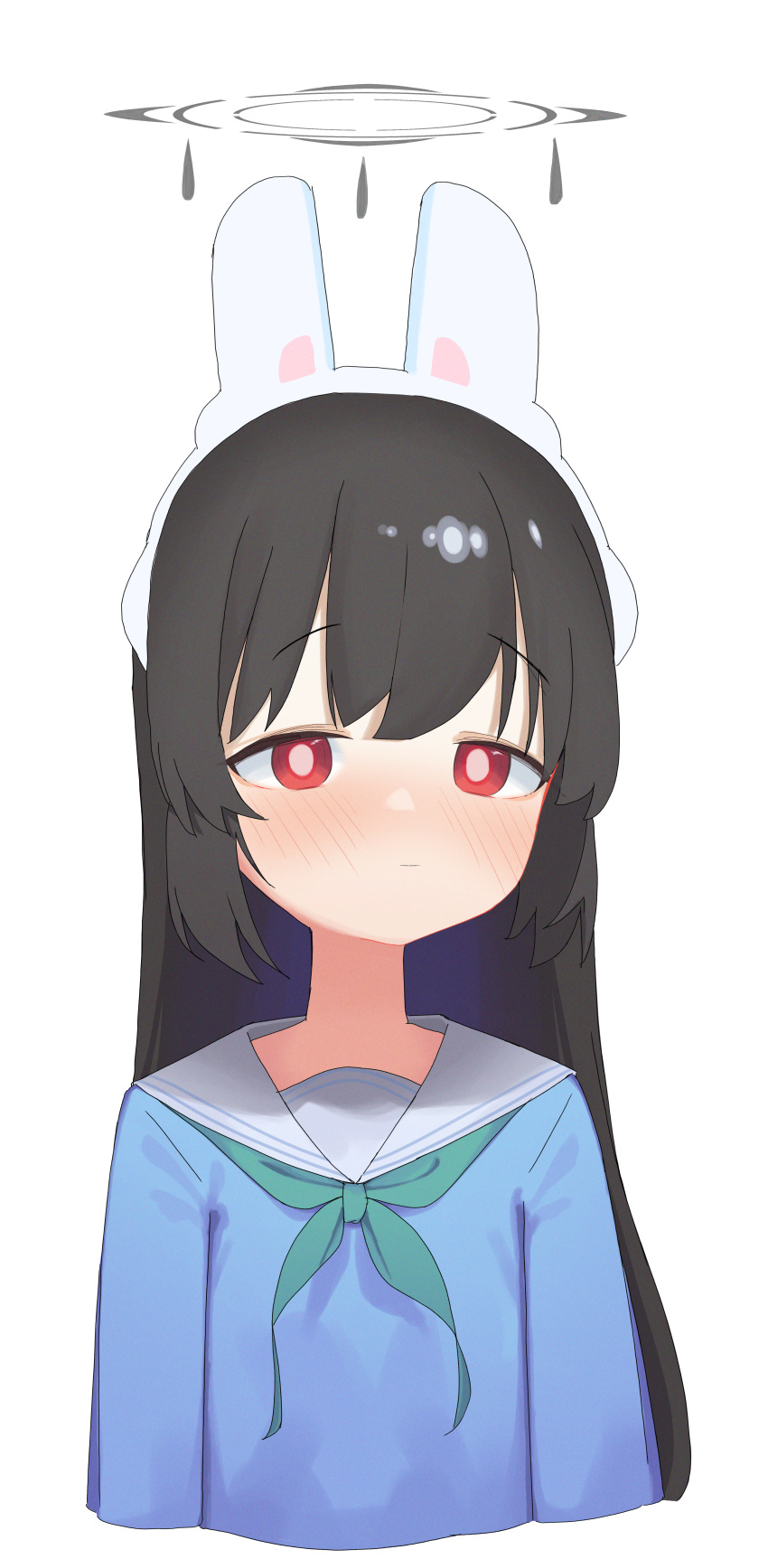 1girl, absurdres, animal_ears, black_hair, blue_archive, blue_serafuku, blush, bright_pupils, dorusan_02, fake_animal_ears, green_neckerchief, grey_halo, halo, highres, long_hair, long_sleeves, miyu_(blue_archive), neckerchief, rabbit_ears, red_eyes, sailor_collar, school_uniform, serafuku, solo, white_pupils, white_sailor_collar