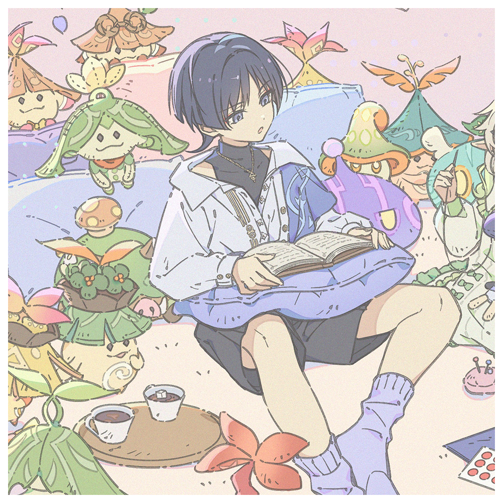 1boy, 1girl, alternate_costume, aranara_(genshin_impact), black_hair, black_shirt, black_shorts, blue_shawl