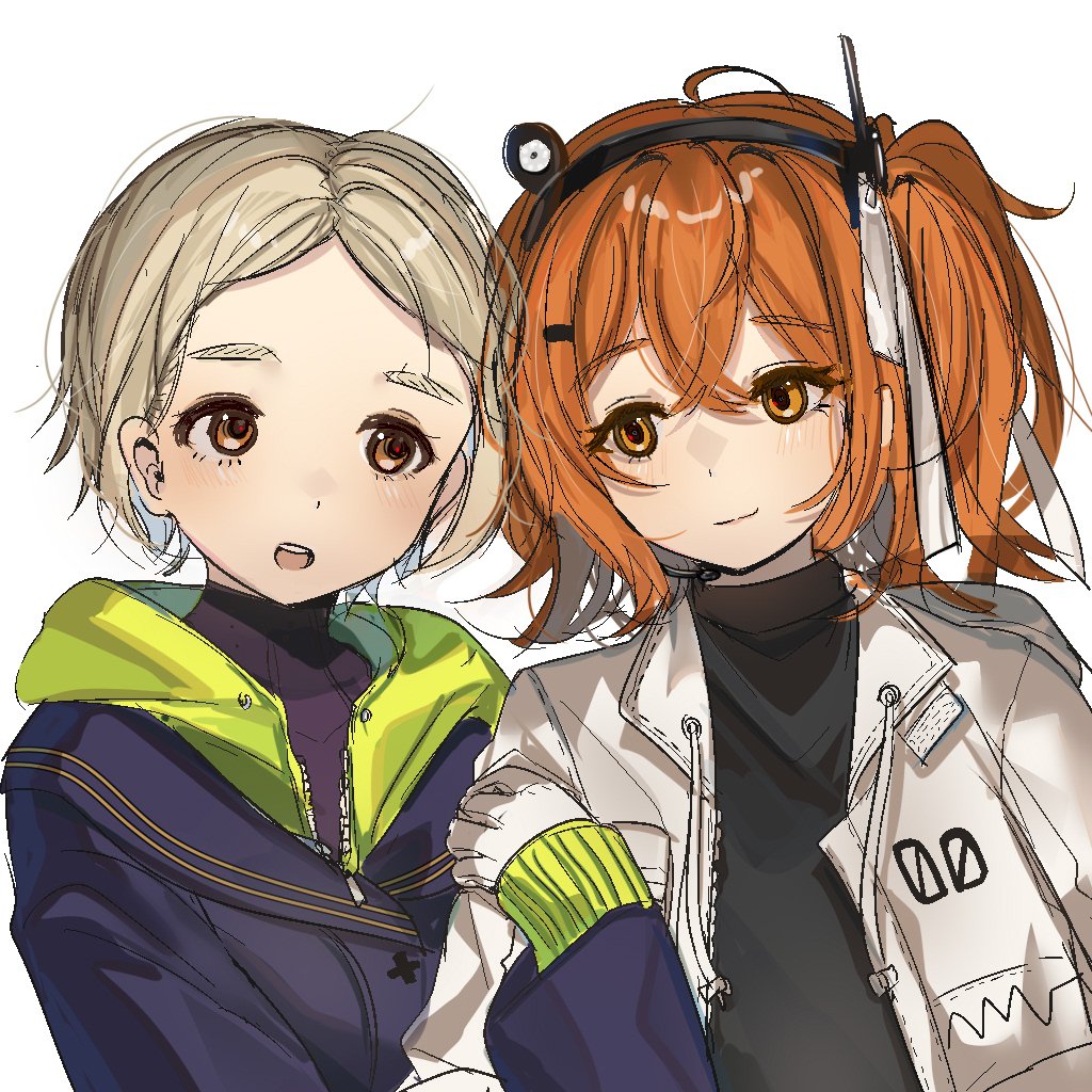 2girls, a.i._voice, adachi_rei, black_jacket, black_shirt, blonde_hair, blush, breast_pocket