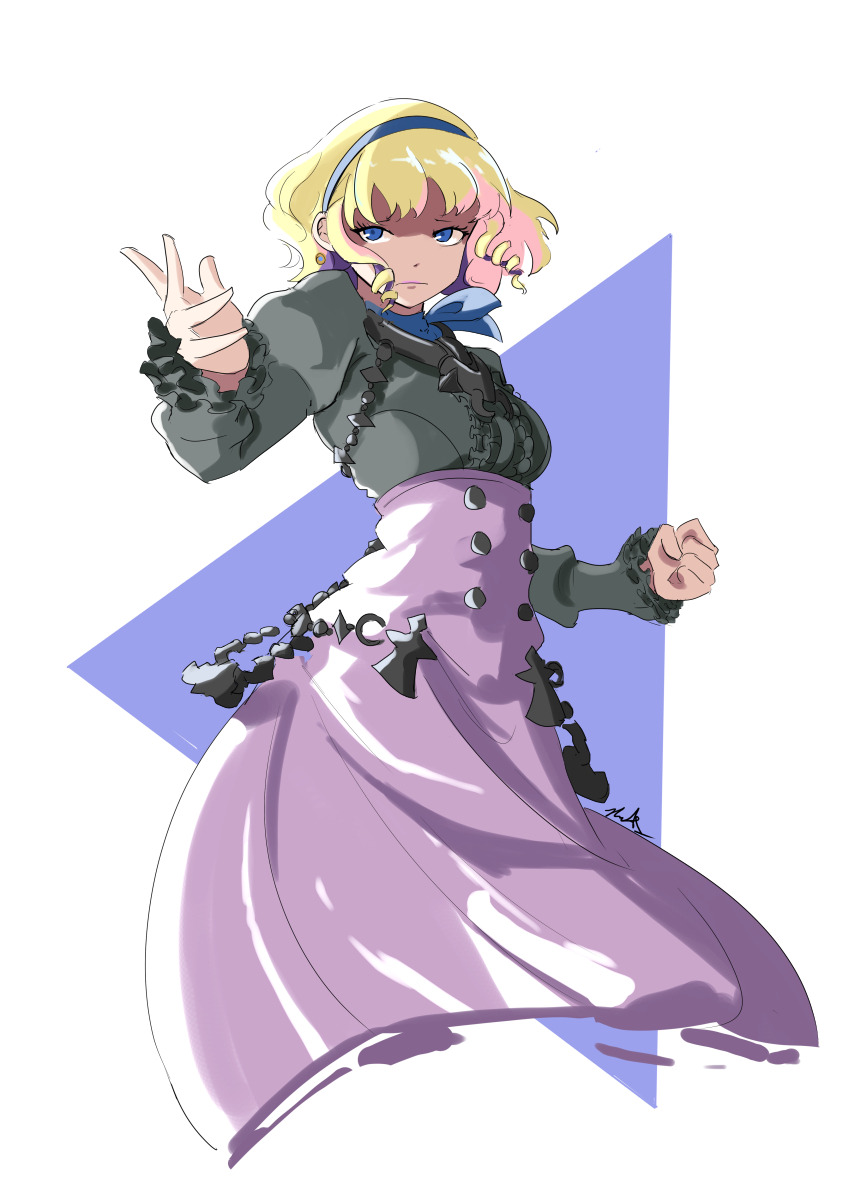 1girl, automatic_giraffe, blonde_hair, blue_hairband, breasts, colored_inner_hair, constance_von_nuvelle, drill_hair