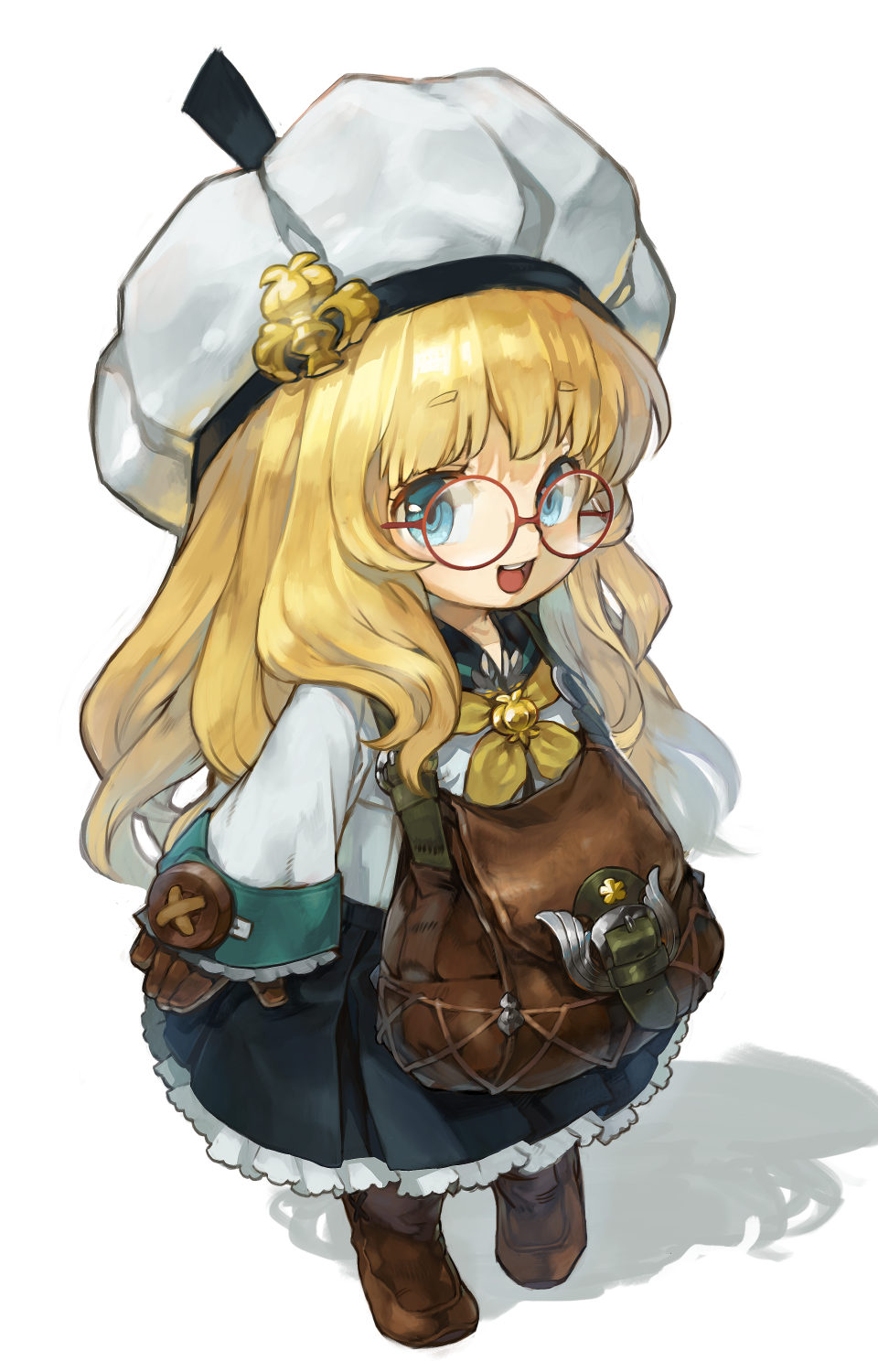1girl, bag, blonde_hair, blue_eyes, boots, brown_footwear, buttons, dress