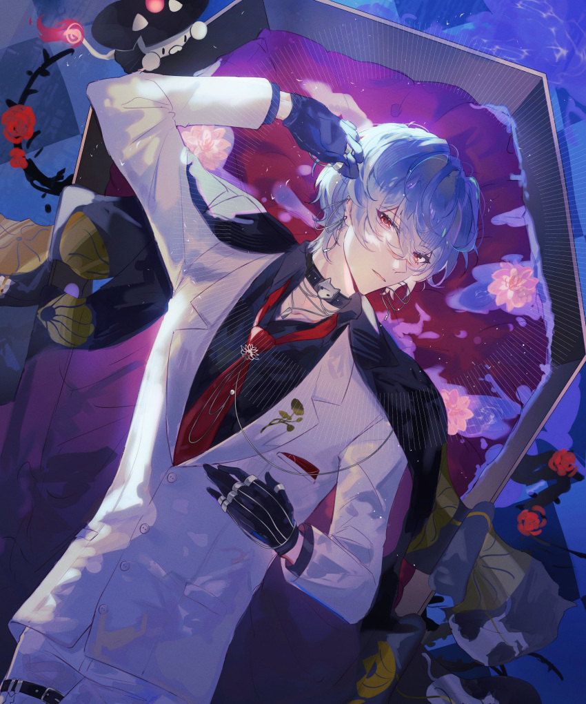 1boy, black_choker, black_coat, black_gloves, black_shirt, choker, coat, coat_on_shoulders