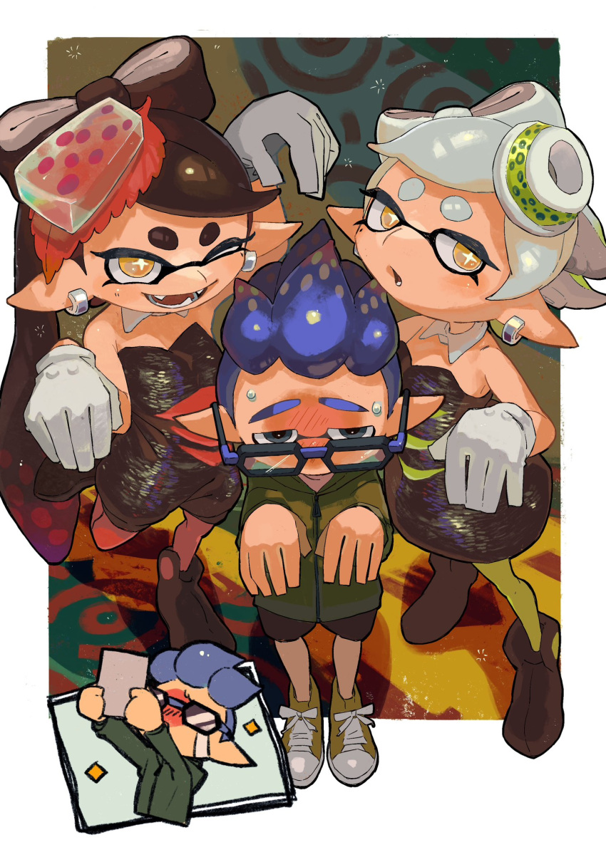 1boy, 2girls, black_hair, blue_hair, blush, callie_(splatoon), glasses, grey_hair