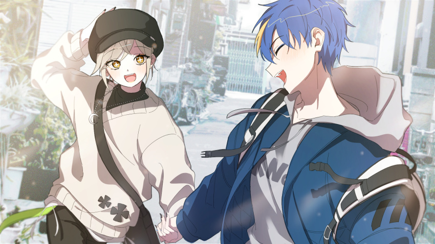 +_+, 2boys, :d, android, arm_up, backpack, bag, black_hat