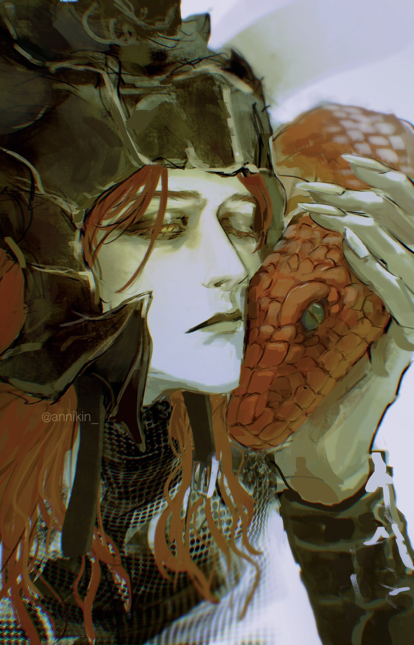 1boy, animal, annikin, arm_up, armor, black_helmet, chainmail, closed_mouth