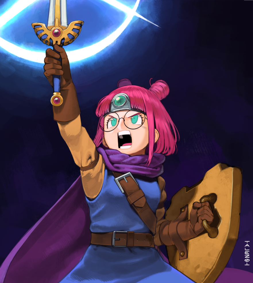 1girl, arm_up, artist_name, blue_tunic, brown_gloves, brown_shirt, cape, circlet