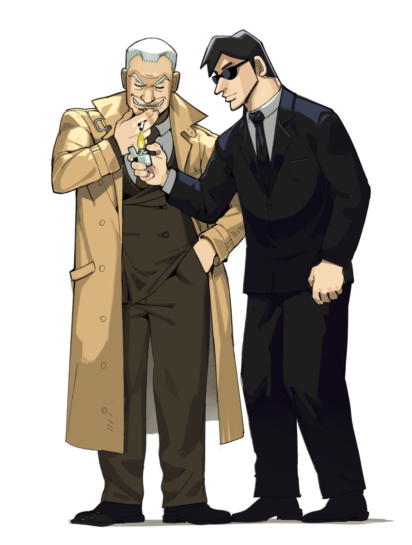 2boys, absurdres, between_fingers, black_footwear, black_hair, black_necktie, black_suit, brown_coat