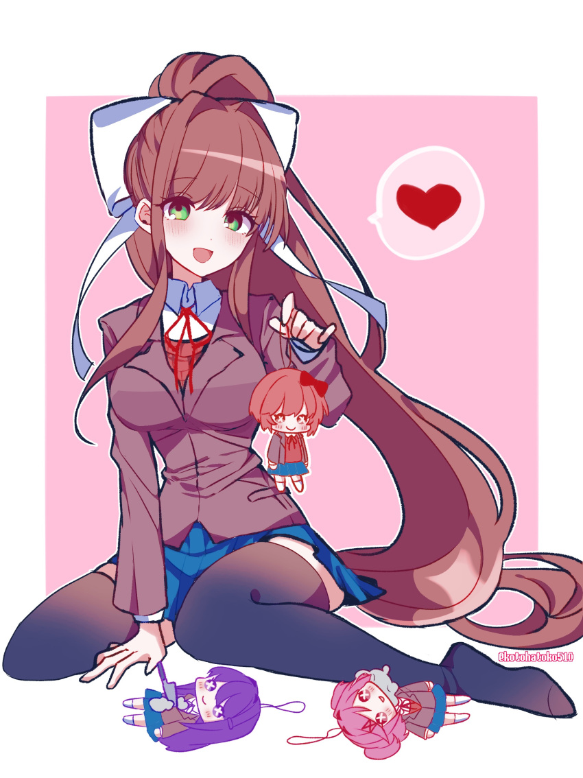 4girls, absurdres, blue_skirt, bow, brown_hair, brown_sweater_vest, doki_doki_literature_club, green_eyes