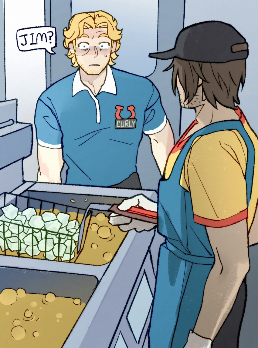 2boys, black_hat, black_pants, blonde_hair, blue_eyes, blue_shirt, brown_hair, cooking