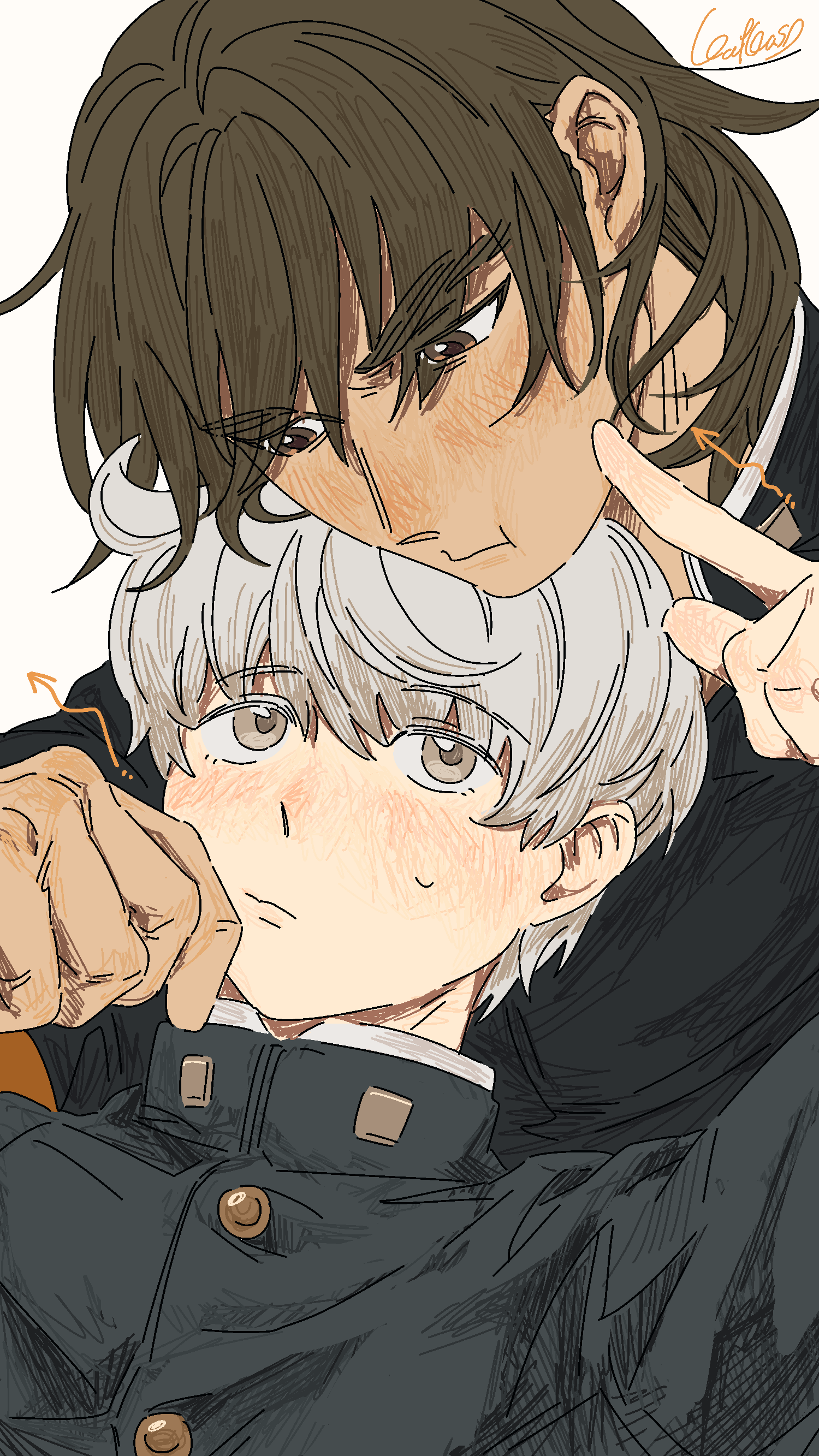 2boys, :i, absurdres, arm_up, arrow_(symbol), black_jacket, blush, brown_eyes, brown_hair, buttons, cheek_poking, cheek_pull, collared_jacket, commentary_request, eye_contact, grey_eyes, high_collar, highres, hijiyama_takatoshi, jacket, juusan_kihei_bouei_ken, long_sleeves, looking_at_another, male_focus, multiple_boys, okino_tsukasa, poking, sdkafka, short_hair, signature, simple_background, small_sweatdrop, sweat, thick_eyebrows, white_background, white_hair