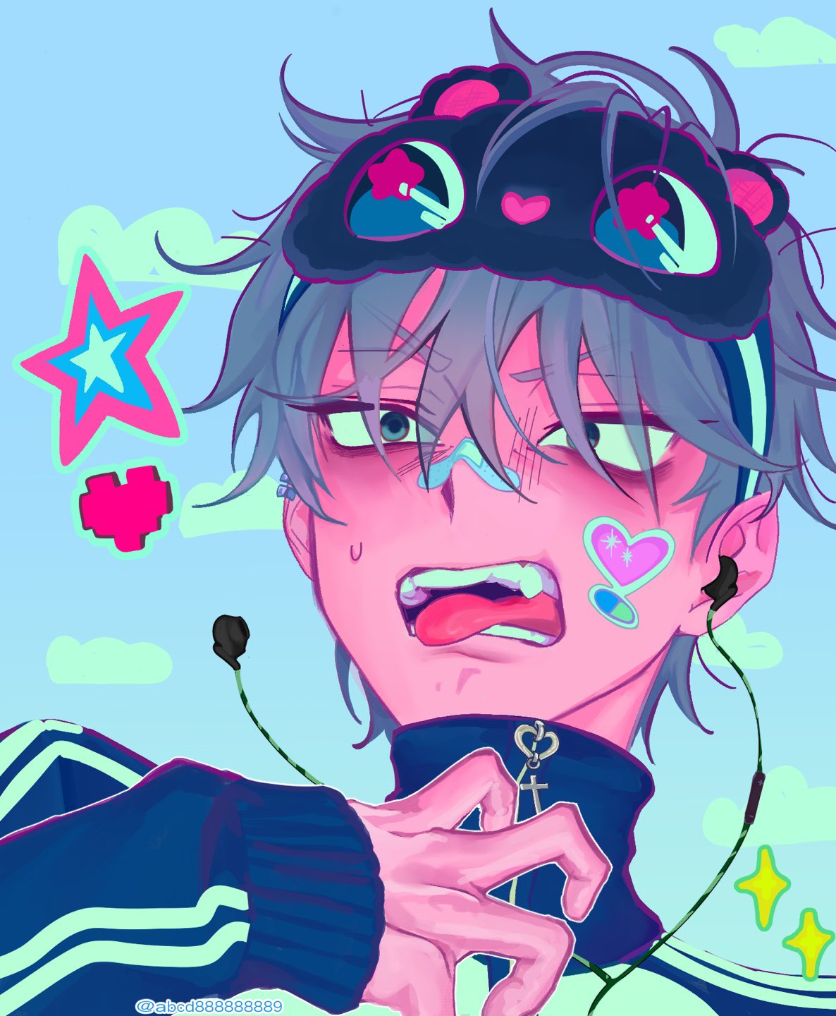 1boy, abcd888888889, alien_stage, bandaid, bandaid_on_face, bandaid_on_nose, blue_background, blue_jacket