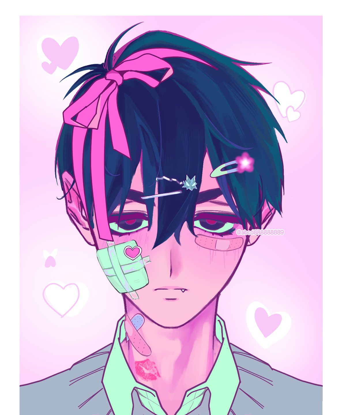 1boy, abcd888888889, alien_stage, bandaid, bandaid_on_face, bandaid_on_neck, black_eyes, black_hair