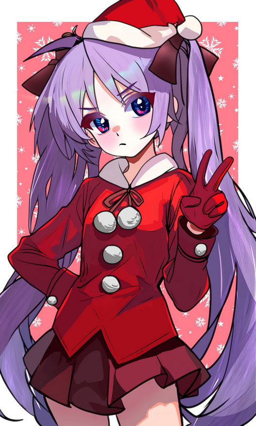 1girl, ahoge, blue_eyes, blush, bow, christmas, commentary_request, cowboy_shot, gloves, hair_bow, hand_on_own_hip, hat, hiiragi_kagami, kisaragi_shokuin, long_hair, long_sleeves, looking_at_viewer, lucky_star, pleated_skirt, pom_pom_(clothes), purple_hair, santa_costume, santa_hat, skirt, snowflakes, twintails, v, very_long_hair