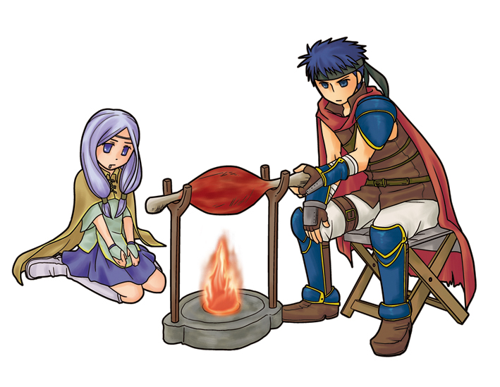 1girl, blue_eyes, blue_hair, boned_meat, cape, cooking, drooling, fire_emblem, fire_emblem:_souen_no_kiseki, food, fransowa_s, gloves, headband, ike, ilyana, long_hair, low-tied_long_hair, meat, miniskirt, purple_hair, skirt, suzuki_furansowa