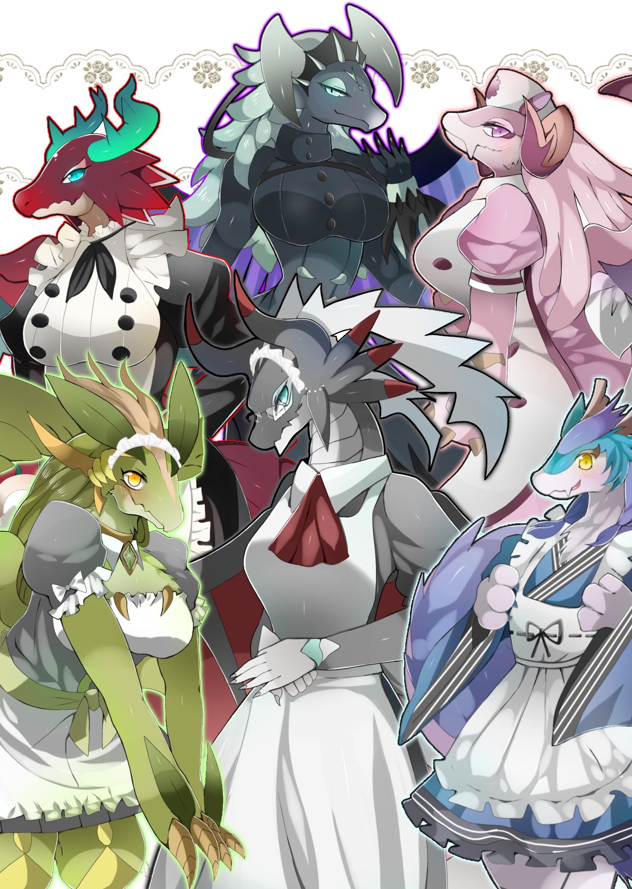 6+girls, black_dress, blue_eyes, breasts, dragon, dragon_girl, dragonmaid_ernus, dragonmaid_lorpar