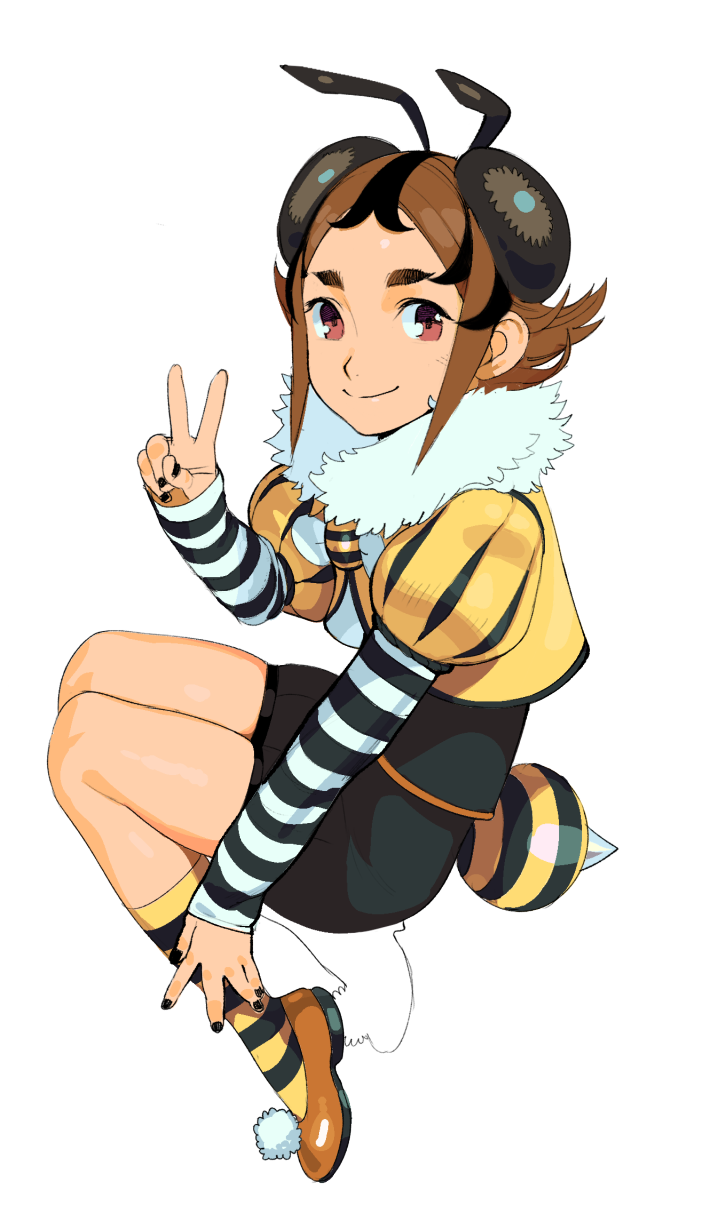 1girl, abdomen_tail, arthropod_girl, bee_girl, black_nails, black_shorts, black_streaks, brown_eyes