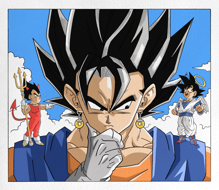 3boys, angel_and_devil, angel_wings, black_eyes, black_hair, blue_background, blue_sash, blue_shirt