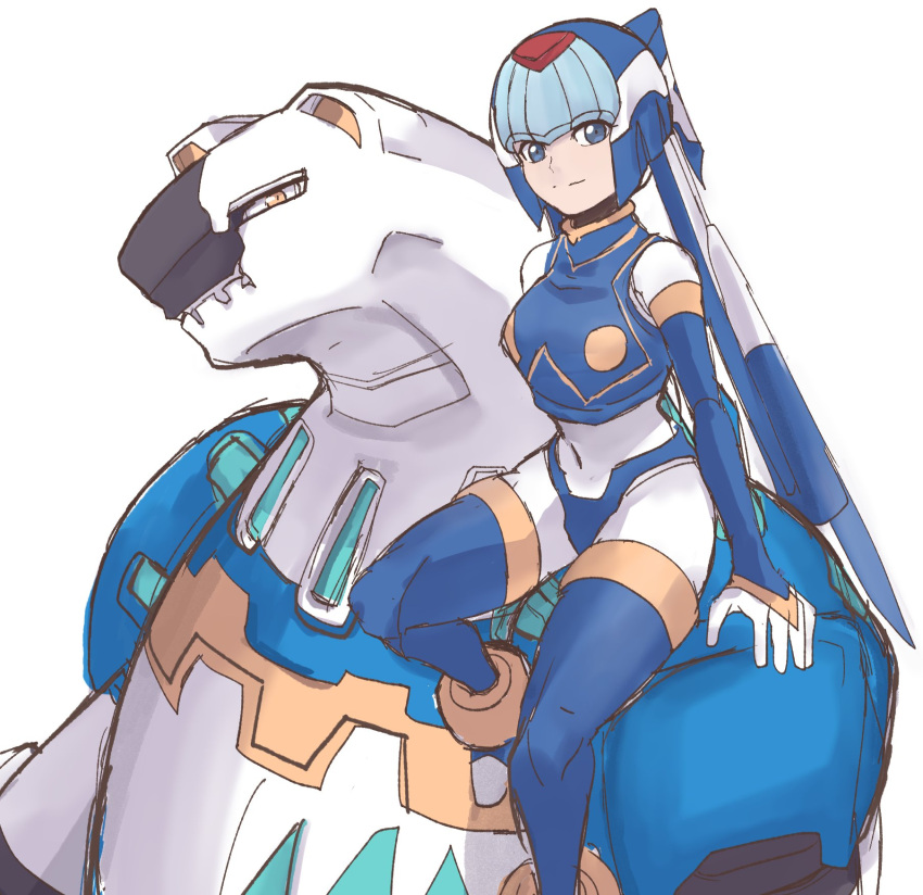 1girl, armor, blue_armor, blue_eyes, blue_helmet, fairy_leviathan_(mega_man), fins, forehead_jewel