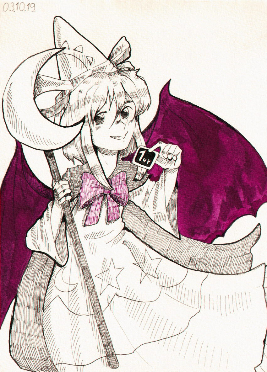 1girl, 1up, 2019, absurdres, bat_wings, bow, bowtie, commentary