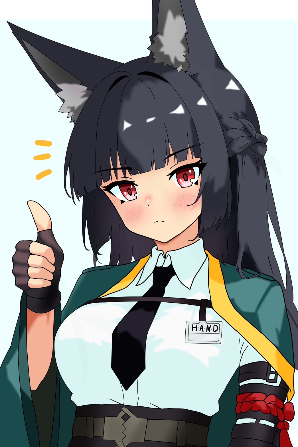 1girl, animal_ear_fluff, animal_ears, black_hair, black_necktie, blush, closed_mouth, dress_shirt, fox_ears, fox_girl, green_jacket, highres, hoshimi_miyabi, jacket, long_hair, looking_at_viewer, necktie, red_eyes, shirt, simple_background, smapy_sumataku, solo, thumbs_up, upper_body, white_background, white_shirt, zenless_zone_zero