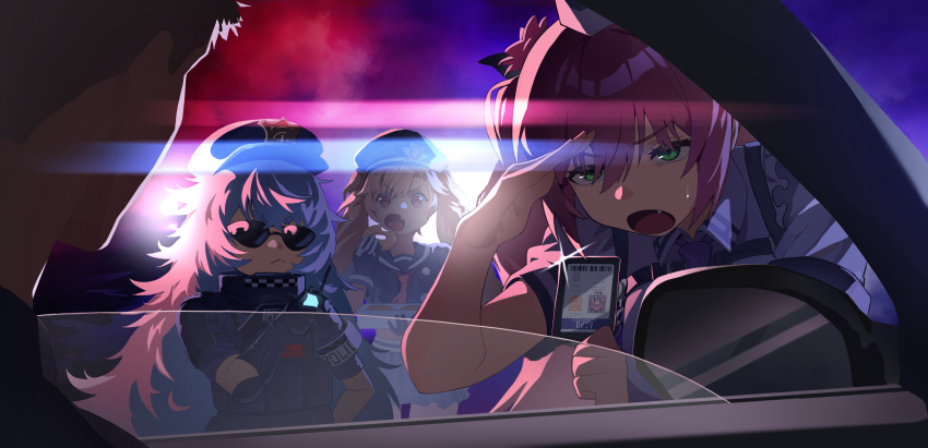1boy, 3girls, :<, a.c.p.u._(nikke), armband, black_gloves, black_hat, black_shirt