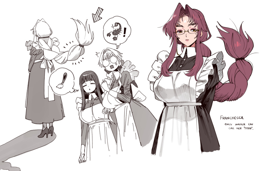 3girls, apron, arms_behind_back, black_dress, blunt_bangs, braid, braided_ponytail, breasts, brown_eyes, catherine_(conto), character_name, conto, dress, elizabeth_(conto), english_commentary, english_text, eyewear_strap, franchesca_(conto), gloom_(expression), hair_intakes, high_heels, juliet_sleeves, large_breasts, long_hair, long_sidelocks, long_sleeves, maid, maid_apron, mole, mole_under_eye, multiple_girls, original, parted_bangs, parted_lips, partially_colored, puffy_sleeves, purple_hair, scorpion, sidelocks, single_braid, speech_bubble, thought_bubble, underbust, very_long_hair