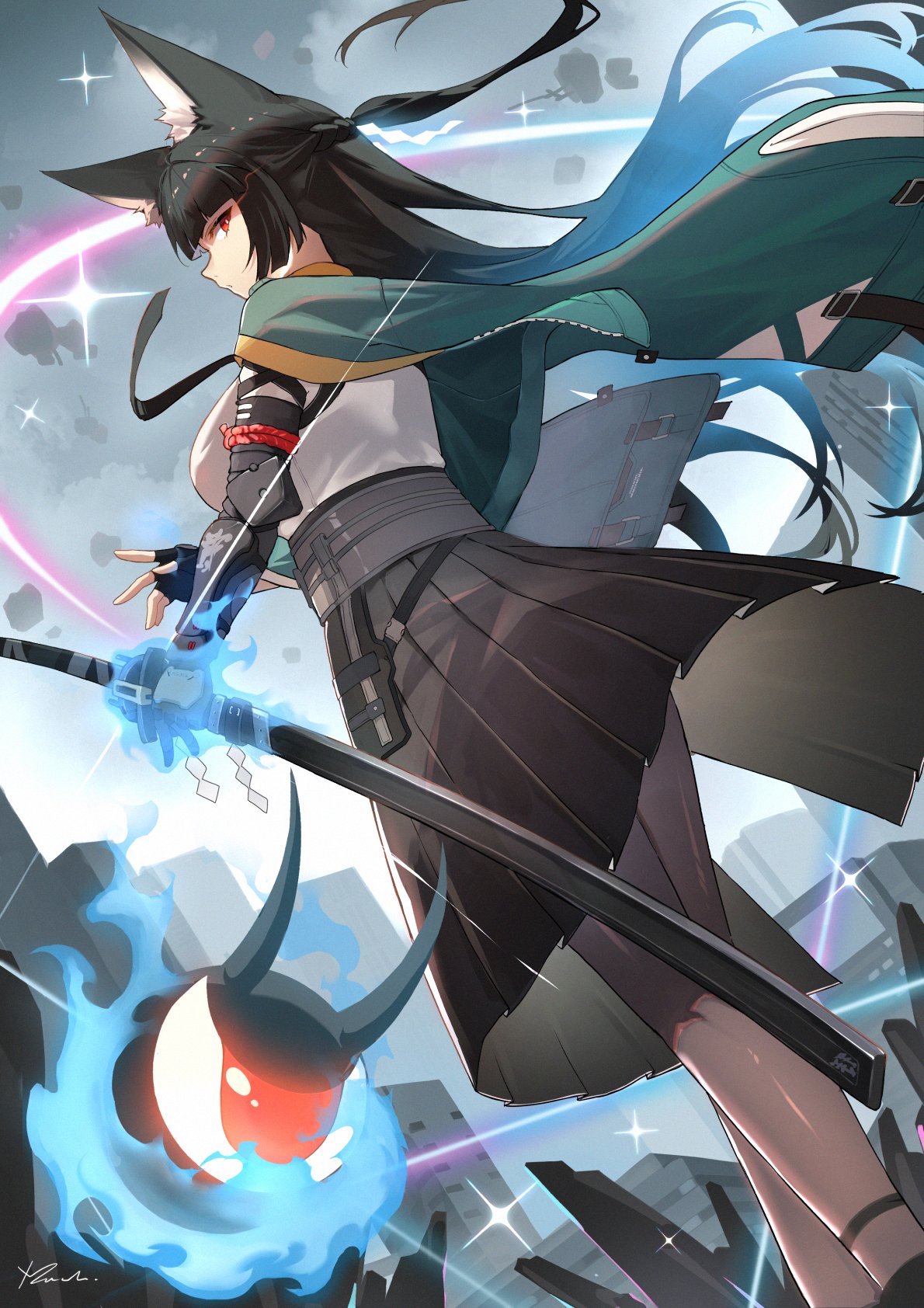 1girl, animal_ear_fluff, black_gloves, black_hair, black_pantyhose, black_skirt, blue_fire, blunt_bangs