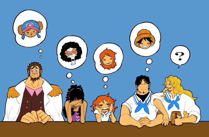 ?, afro, beard, black_hair, blonde_hair, blue_background, blue_neckerchief, bookstore_part-timer