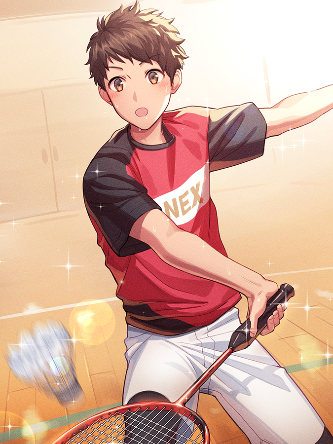 1boy, badminton, badminton_racket, black_leggings, brown_eyes, brown_hair, door, gym
