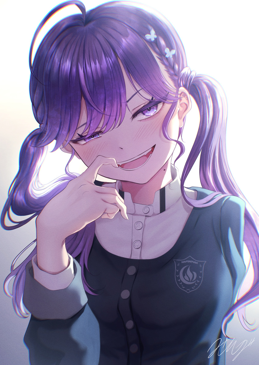 1girl, absurdres, ahoge, bags_under_eyes, black_jacket, blush, braid, butterfly_hair_ornament