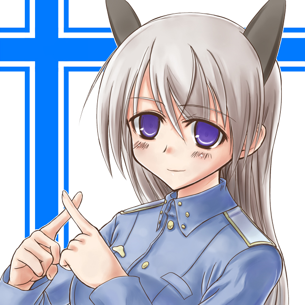 animal_ears, bad_id, blonde_hair, blue_eyes, crossed_fingers, dog_ears, eila_ilmatar_juutilainen, fox_ears, grey_hair, long_hair, masarou, military, military_uniform, muri_dana, purple_eyes, smile, solo, strike_witches, uniform